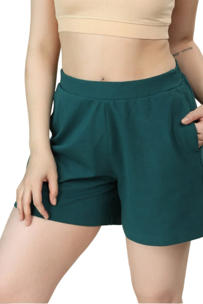 Women’s Organic Cotton Lounge Shorts – High-Waist with Utility Pocket (280 GSM) (Deep Teal)