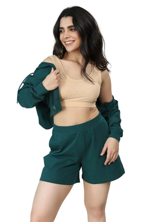 Women’s Organic Cotton Lounge Shorts – High-Waist with Utility Pocket (280 GSM) (Deep Teal)