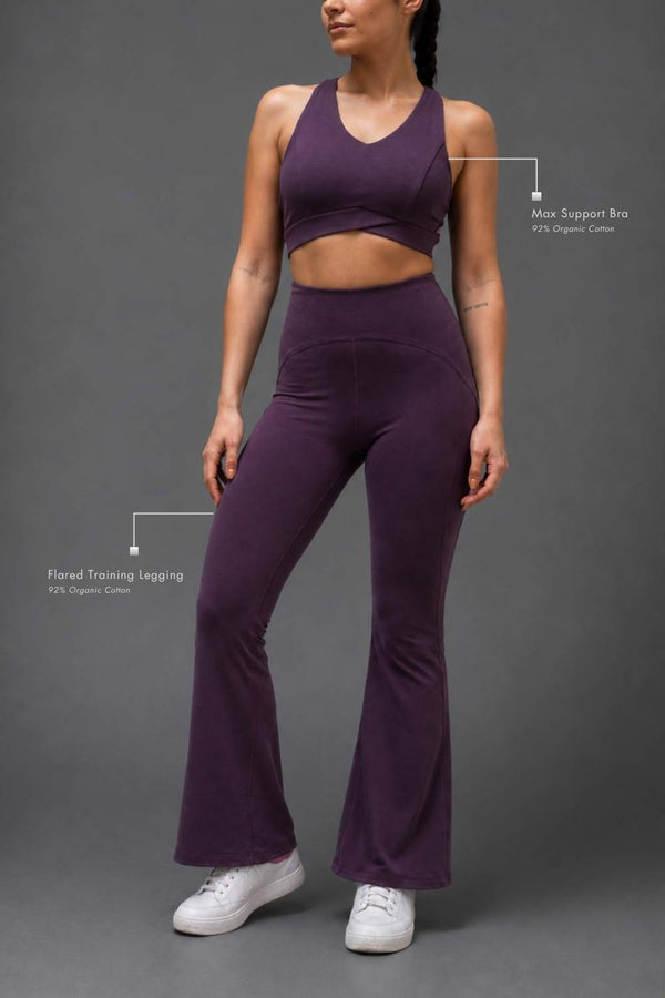 Organic Cotton Max Support Bra and Flared Leggings Set (Plum)
