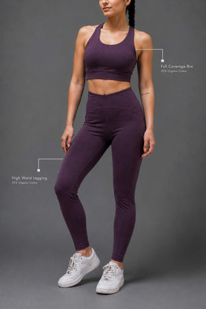 Organic Cotton Full Coverage Bra and High Waist Leggings Set (Plum)